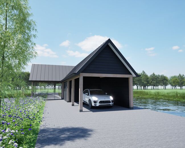 Moderne schuur met eiken palen - Luxe houtbouw - Van den Berg Houtbouw